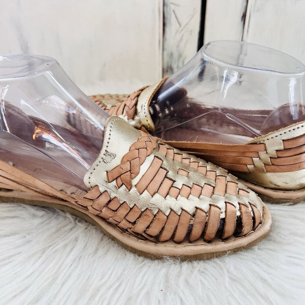 Enigma Collection Handwoven Natural Tan & Gold Leather Mexican Huaraches M24 US7